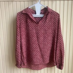 Massimo Dutti 100%Silk Burgundy Floral V-Neck Long Sleeve Blouse